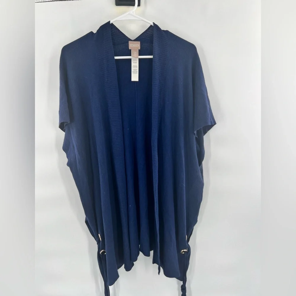 Chico’s navy blue open front knit kimono lace up sides one size